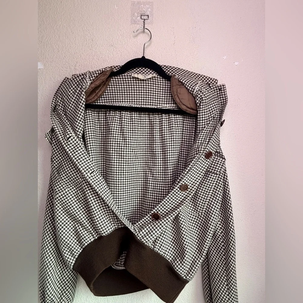 Vintage Valentino Brown Cream Houndstooth Skirt & Bomber Sweater Set 46 M L